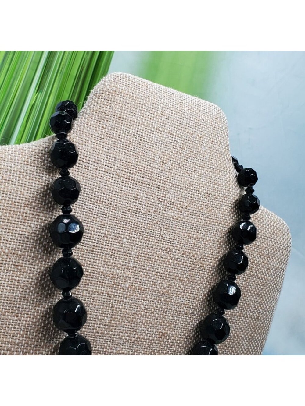 Vintage Signed LC Liz Claiborne Necklace 18" Faceted Black Glass Beads Statement